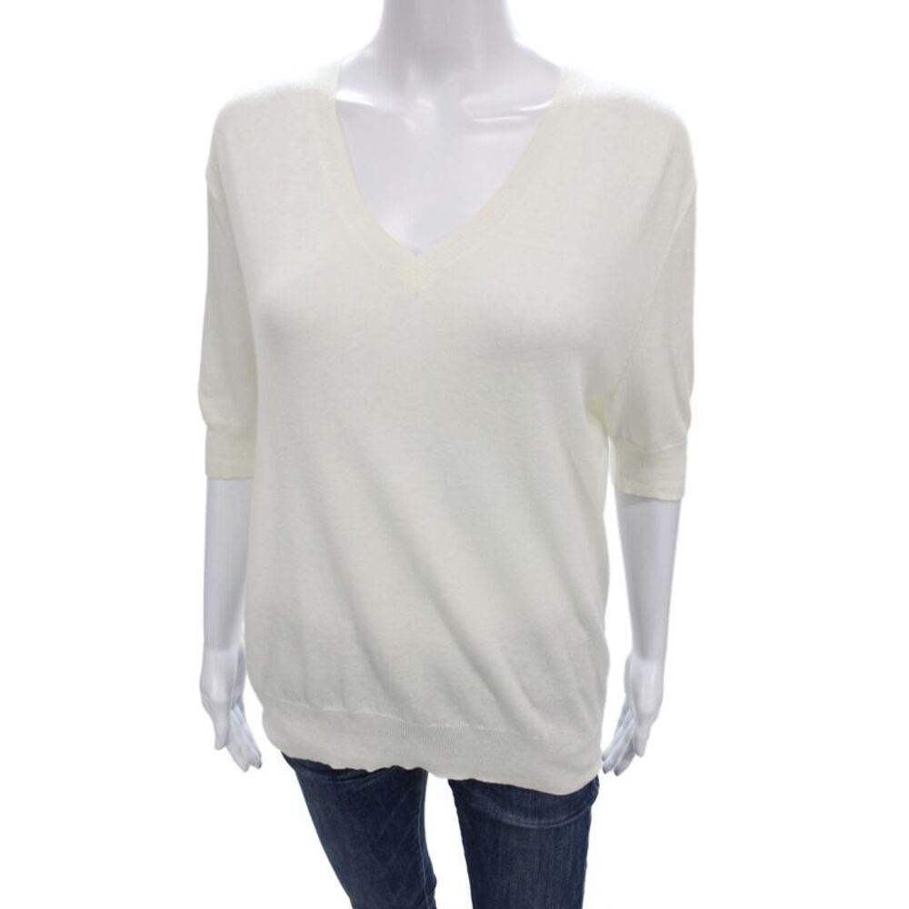 6397 Women Pullover Sweater Ivory V Neck Short Sleeve 70% Cotton Size S